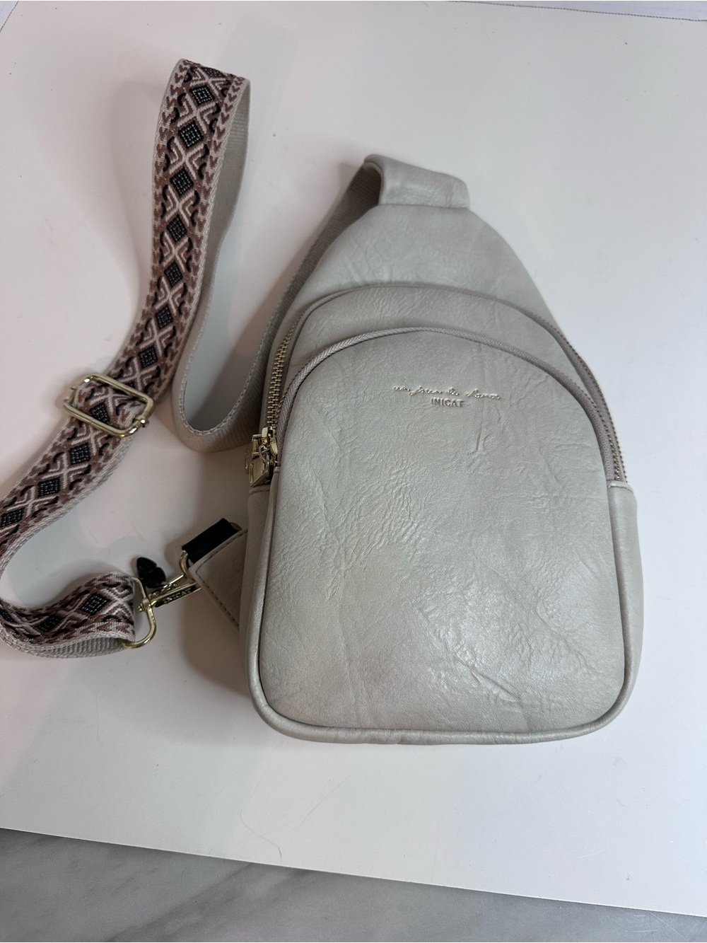 Light Gray Crossbody Sling Bag with Patterned Strap